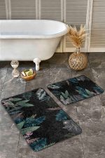 - Realhomes - Realhomes  2'li Set Siyah Zeminde Çiçek Motifli Yapraklar Desenli Floral Sade & Şık  2'li Banyo & Mutfak Paspas Takımı Realhomes