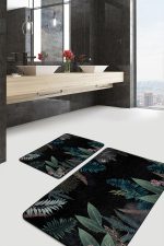 - PaspasTakimi-2li-Set656-Gorsel - Realhomes  2'li Set Siyah Zeminde Çiçek Motifli Yapraklar Desenli Floral Sade & Şık  2'li Banyo & Mutfak Paspas Takımı Realhomes