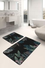 - PaspasTakimi-2li-Set656-Gorsel-2 - Realhomes  2'li Set Siyah Zeminde Çiçek Motifli Yapraklar Desenli Floral Sade & Şık  2'li Banyo & Mutfak Paspas Takımı Realhomes