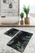 - PaspasTakimi-2li-Set656-Gorsel-4 - Realhomes  2'li Set Siyah Zeminde Çiçek Motifli Yapraklar Desenli Floral Sade & Şık  2'li Banyo & Mutfak Paspas Takımı Realhomes