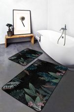 - PaspasTakimi-2li-Set656-Gorsel-5 - Realhomes  2'li Set Siyah Zeminde Çiçek Motifli Yapraklar Desenli Floral Sade & Şık  2'li Banyo & Mutfak Paspas Takımı Realhomes