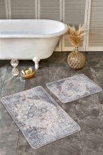 - Realhomes - Realhomes 2'li Set Krem Zeminde Antik Motifli Göbekli Halı Desenli Vintage Eskitme Motifli 2'li Banyo & Mutfak Paspas Takımı Realhomes