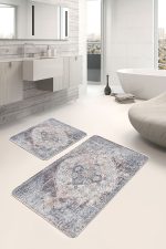 - PaspasTakimi-2li-Set658-Gorsel-4 - Realhomes 2'li Set Krem Zeminde Antik Motifli Göbekli Halı Desenli Vintage Eskitme Motifli 2'li Banyo & Mutfak Paspas Takımı Realhomes