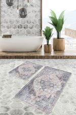 - PaspasTakimi-2li-Set658-Gorsel-5 - Realhomes 2'li Set Krem Zeminde Antik Motifli Göbekli Halı Desenli Vintage Eskitme Motifli 2'li Banyo & Mutfak Paspas Takımı Realhomes