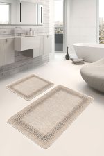 - PaspasTakimi-2li-Set660-Gorsel-2 - Realhomes 2'li Set Bej Zeminde Çerçeveli Motifli Eskitme Desenli Geometrik Klasik 2'li Banyo & Mutfak Paspas Takımı Realhomes