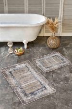 - Realhomes - Realhomes  2'li Set Kahverengi Zeminde Çerçeveli Motifli Eskitme Desenli Eskitme Motifli Vintage  2'li Banyo & Mutfak Paspas Takımı Realhomes