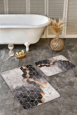 - Realhomes - Realhomes  2'li Set Siyah - Gold Zeminde Geometrik Motifli Mozaik Desenli Geometrik Sade & Şık  2'li Banyo & Mutfak Paspas Takımı Realhomes