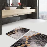 2'li Set Siyah - Beyaz Zeminde Kırkyama Motifli Patchwork Desenli Vintage Sade & Şık  2'li Banyo & Mutfak Paspas Takımı Realhomes