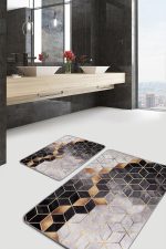 - PaspasTakimi-2li-Set664-Gorsel - Realhomes  2'li Set Siyah - Gold Zeminde Geometrik Motifli Mozaik Desenli Geometrik Sade & Şık  2'li Banyo & Mutfak Paspas Takımı Realhomes