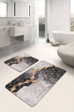 - PaspasTakimi-2li-Set664-Gorsel-2 - Realhomes  2'li Set Siyah - Gold Zeminde Geometrik Motifli Mozaik Desenli Geometrik Sade & Şık  2'li Banyo & Mutfak Paspas Takımı Realhomes