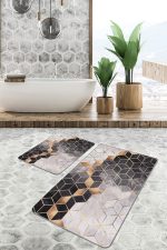 - PaspasTakimi-2li-Set664-Gorsel-4 - Realhomes  2'li Set Siyah - Gold Zeminde Geometrik Motifli Mozaik Desenli Geometrik Sade & Şık  2'li Banyo & Mutfak Paspas Takımı Realhomes