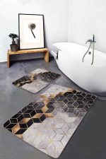 - PaspasTakimi-2li-Set664-Gorsel-5 - Realhomes  2'li Set Siyah - Gold Zeminde Geometrik Motifli Mozaik Desenli Geometrik Sade & Şık  2'li Banyo & Mutfak Paspas Takımı Realhomes