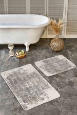 - Realhomes - Realhomes 2'li Set Krem Zeminde Antik Motifli Eskitme Desenli Eskitme Motifli Vintage 2'li Banyo & Mutfak Paspas Takımı Realhomes