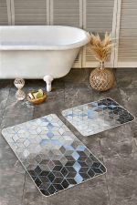 - Realhomes - Realhomes 2'li Set Siyah - Mavi Zeminde Geometrik Motifli Mozaik Desenli Geometrik Klasik 2'li Banyo & Mutfak Paspas Takımı Realhomes