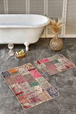 2'li Set Kırmızı - Krem Zeminde Patchwork Motifli Geleneksel Desenli Vintage Etnik Motifler  2'li Banyo & Mutfak Paspas Takımı Realhomes