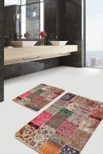 2'li Set Kırmızı - Krem Zeminde Patchwork Motifli Geleneksel Desenli Vintage Etnik Motifler  2'li Banyo & Mutfak Paspas Takımı Realhomes