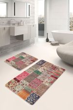 2'li Set Kırmızı - Krem Zeminde Patchwork Motifli Geleneksel Desenli Vintage Etnik Motifler  2'li Banyo & Mutfak Paspas Takımı Realhomes