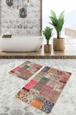 2'li Set Kırmızı - Krem Zeminde Patchwork Motifli Geleneksel Desenli Vintage Etnik Motifler  2'li Banyo & Mutfak Paspas Takımı Realhomes