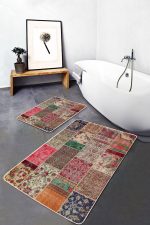 2'li Set Kırmızı - Krem Zeminde Patchwork Motifli Geleneksel Desenli Vintage Etnik Motifler  2'li Banyo & Mutfak Paspas Takımı Realhomes