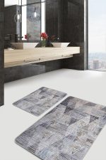 2'li Set Füme Zeminde Eskitme Motifli Retro Desenli Geometrik Eskitme Motifli  2'li Banyo & Mutfak Paspas Takımı Realhomes