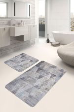 2'li Set Füme Zeminde Eskitme Motifli Retro Desenli Geometrik Eskitme Motifli  2'li Banyo & Mutfak Paspas Takımı Realhomes