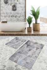 2'li Set Füme Zeminde Eskitme Motifli Retro Desenli Geometrik Eskitme Motifli  2'li Banyo & Mutfak Paspas Takımı Realhomes