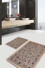 2'li Set Krem Zeminde Hereke Motifli Kilim Desenli Etnik Motifler Avangarde  2'li Banyo & Mutfak Paspas Takımı Realhomes