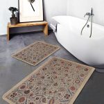 2'li Set Gri Zeminde Çerçeveli Motifli Eskitme Desenli Eskitme Motifli Geometrik  2'li Banyo & Mutfak Paspas Takımı Realhomes