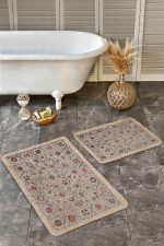 2'li Set Krem Zeminde Hereke Motifli Kilim Desenli Etnik Motifler Avangarde  2'li Banyo & Mutfak Paspas Takımı Realhomes