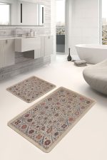 2'li Set Krem Zeminde Hereke Motifli Kilim Desenli Etnik Motifler Avangarde  2'li Banyo & Mutfak Paspas Takımı Realhomes