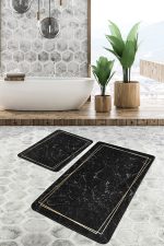- PaspasTakimi-2li-Set672-Gorsel-1 - Realhomes 2'li Set Siyah - Gold Zeminde Çerçeveli Motifli Mermer Desenli Sade & Şık Geometrik 2'li Banyo & Mutfak Paspas Takımı Realhomes