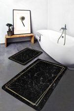 - PaspasTakimi-2li-Set672-Gorsel-2 - Realhomes 2'li Set Siyah - Gold Zeminde Çerçeveli Motifli Mermer Desenli Sade & Şık Geometrik 2'li Banyo & Mutfak Paspas Takımı Realhomes