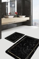 - PaspasTakimi-2li-Set672-Gorsel-4 - Realhomes 2'li Set Siyah - Gold Zeminde Çerçeveli Motifli Mermer Desenli Sade & Şık Geometrik 2'li Banyo & Mutfak Paspas Takımı Realhomes