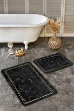 - Realhomes - Realhomes 2'li Set Siyah - Gold Zeminde Çerçeveli Motifli Mermer Desenli Sade & Şık Geometrik 2'li Banyo & Mutfak Paspas Takımı Realhomes