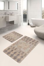 2'li Set Krem Zeminde Tribal Motifli Antik Desenli Etnik Motifler Vintage  2'li Banyo & Mutfak Paspas Takımı Realhomes