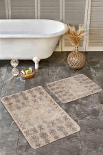 2'li Set Krem Zeminde Tribal Motifli Antik Desenli Etnik Motifler Vintage  2'li Banyo & Mutfak Paspas Takımı Realhomes