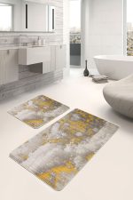 2'li Set Sarı - Krem Zeminde Retro Motifli Eskitme Desenli Eskitme Motifli Klasik  2'li Banyo & Mutfak Paspas Takımı Realhomes