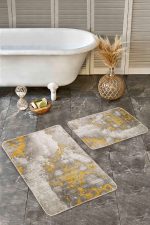 2'li Set Sarı - Krem Zeminde Retro Motifli Eskitme Desenli Eskitme Motifli Klasik  2'li Banyo & Mutfak Paspas Takımı Realhomes