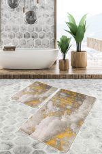 2'li Set Sarı - Krem Zeminde Retro Motifli Eskitme Desenli Eskitme Motifli Klasik  2'li Banyo & Mutfak Paspas Takımı Realhomes