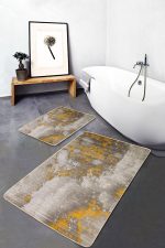 2'li Set Sarı - Krem Zeminde Retro Motifli Eskitme Desenli Eskitme Motifli Klasik  2'li Banyo & Mutfak Paspas Takımı Realhomes