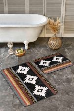 - Realhomes - Realhomes 2'li Set Siyah - Kahvernegi Zeminde Bohem Motifli Etnik Desenli Etnik Motifler Geometrik 2'li Banyo & Mutfak Paspas Takımı Realhomes