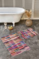 - Realhomes - Realhomes  2'li Set Çok Renkli Zeminde Patchwork Motifli Kırkyama Desenli Vintage Klasik  2'li Banyo & Mutfak Paspas Takımı Realhomes