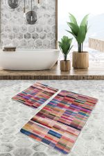 - PaspasTakimi-2li-Set676-Gorsel-5 - Realhomes  2'li Set Çok Renkli Zeminde Patchwork Motifli Kırkyama Desenli Vintage Klasik  2'li Banyo & Mutfak Paspas Takımı Realhomes