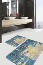 - PaspasTakimi-2li-Set678-Gorsel-1 - Realhomes  2'li Set Mavi - Sarı Zeminde Eskitme Motifli Boyama Desenli Eskitme Motifli Klasik  2'li Banyo & Mutfak Paspas Takımı Realhomes