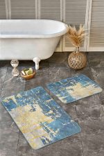 - Realhomes - Realhomes  2'li Set Mavi - Sarı Zeminde Eskitme Motifli Boyama Desenli Eskitme Motifli Klasik  2'li Banyo & Mutfak Paspas Takımı Realhomes