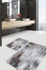 2'li Set Gri Zeminde Eskitme Motifli Retro Desenli Eskitme Motifli Sade & Şık  2'li Banyo & Mutfak Paspas Takımı Realhomes