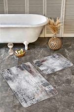 2'li Set Gri Zeminde Eskitme Motifli Retro Desenli Eskitme Motifli Sade & Şık  2'li Banyo & Mutfak Paspas Takımı Realhomes