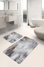 2'li Set Gri Zeminde Eskitme Motifli Retro Desenli Eskitme Motifli Sade & Şık  2'li Banyo & Mutfak Paspas Takımı Realhomes