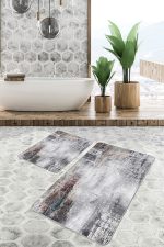 2'li Set Gri Zeminde Eskitme Motifli Retro Desenli Eskitme Motifli Sade & Şık  2'li Banyo & Mutfak Paspas Takımı Realhomes