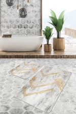 - PaspasTakimi-2li-Set681-Gorsel - Realhomes  2'li Set Gold - Gri Zeminde Eskitme Motifli Geometrik Desenli Geometrik Eskitme Motifli  2'li Banyo & Mutfak Paspas Takımı Realhomes